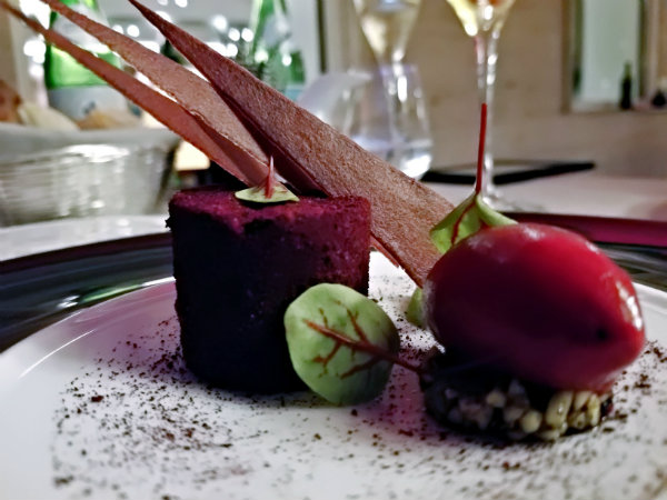 A Le Jardin dessert featuring chocolate, of course